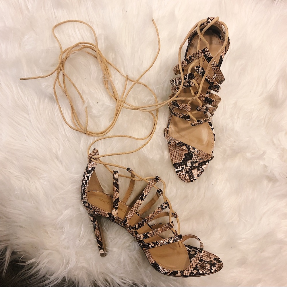 Lace Up Snakeskin Heels Size 8